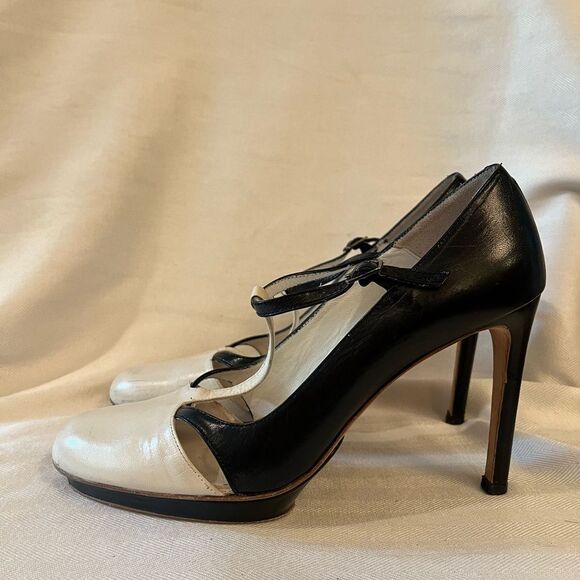 Retro Bebe Pin-Up T-strap Mary Jane black & cream pumps slight platform SZ 7.5 - Picture 5 of 12